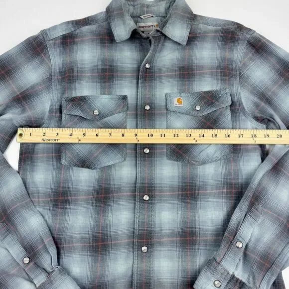 Carhartt Men's Relaxed Fit Plaid Long Sleeve Grey Blue Heavyweight Shirt Small - Picture 14 of 16